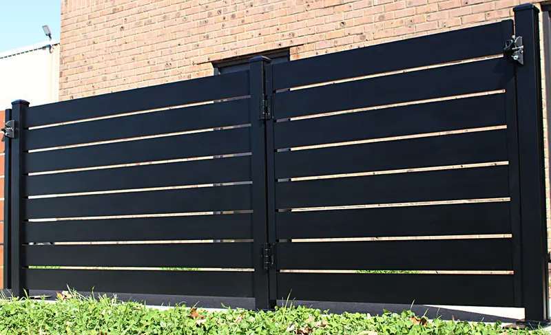 Modern black double driveway gate with horizontal slat panels